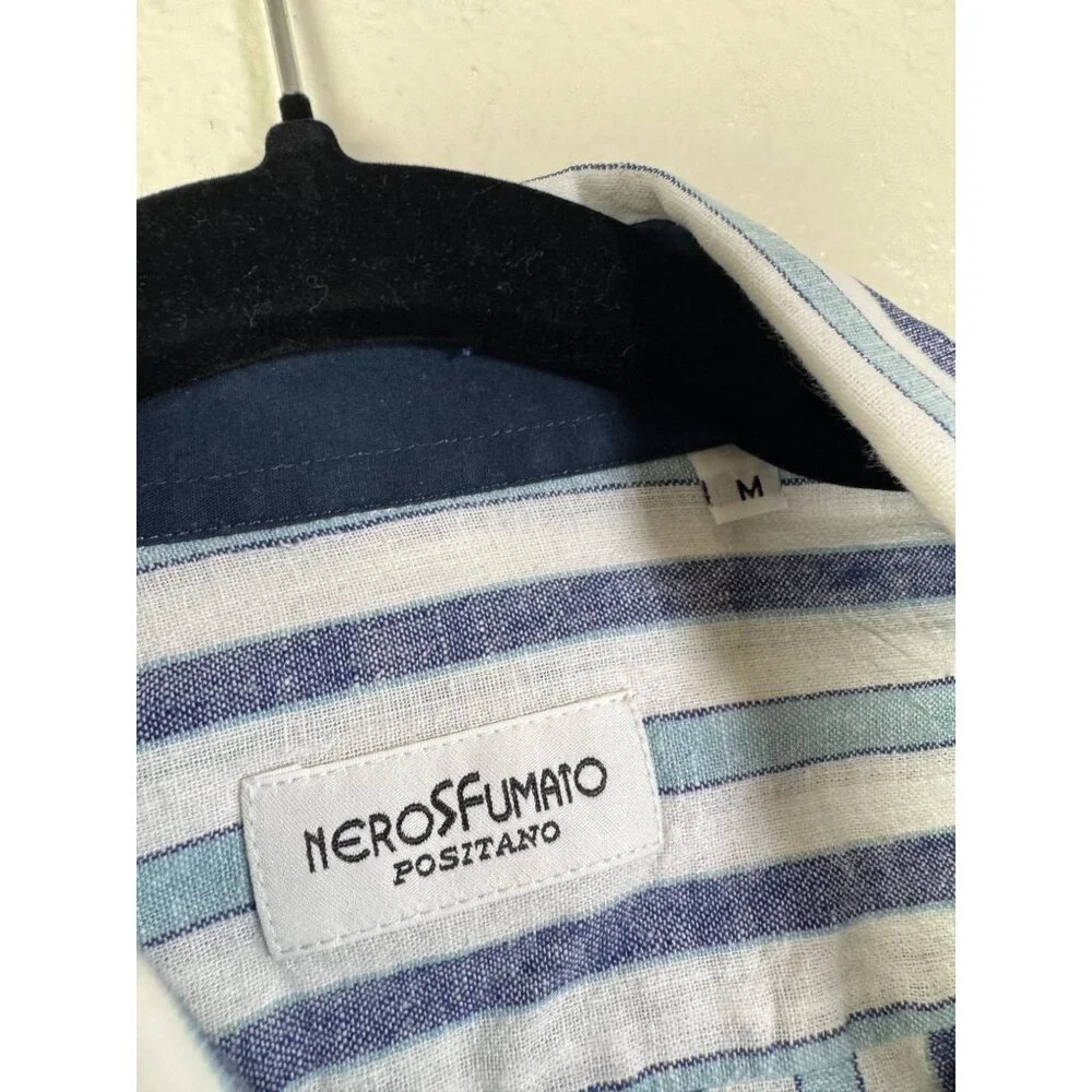 Nerosfumato Positano Blue Striped Linen Button Up Shirt Men‎ Medium Long sleeve